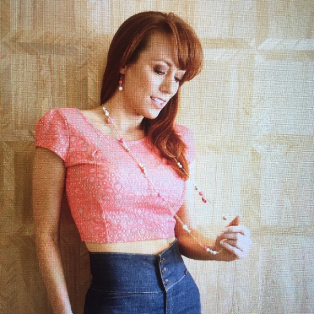 Salmon Peach Pink LACE crop top Medium